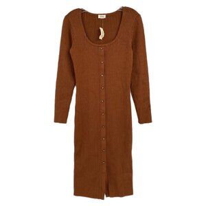 UpWest Brown Rib Knit Midi Dress | Long Sleeve Button Front Style
